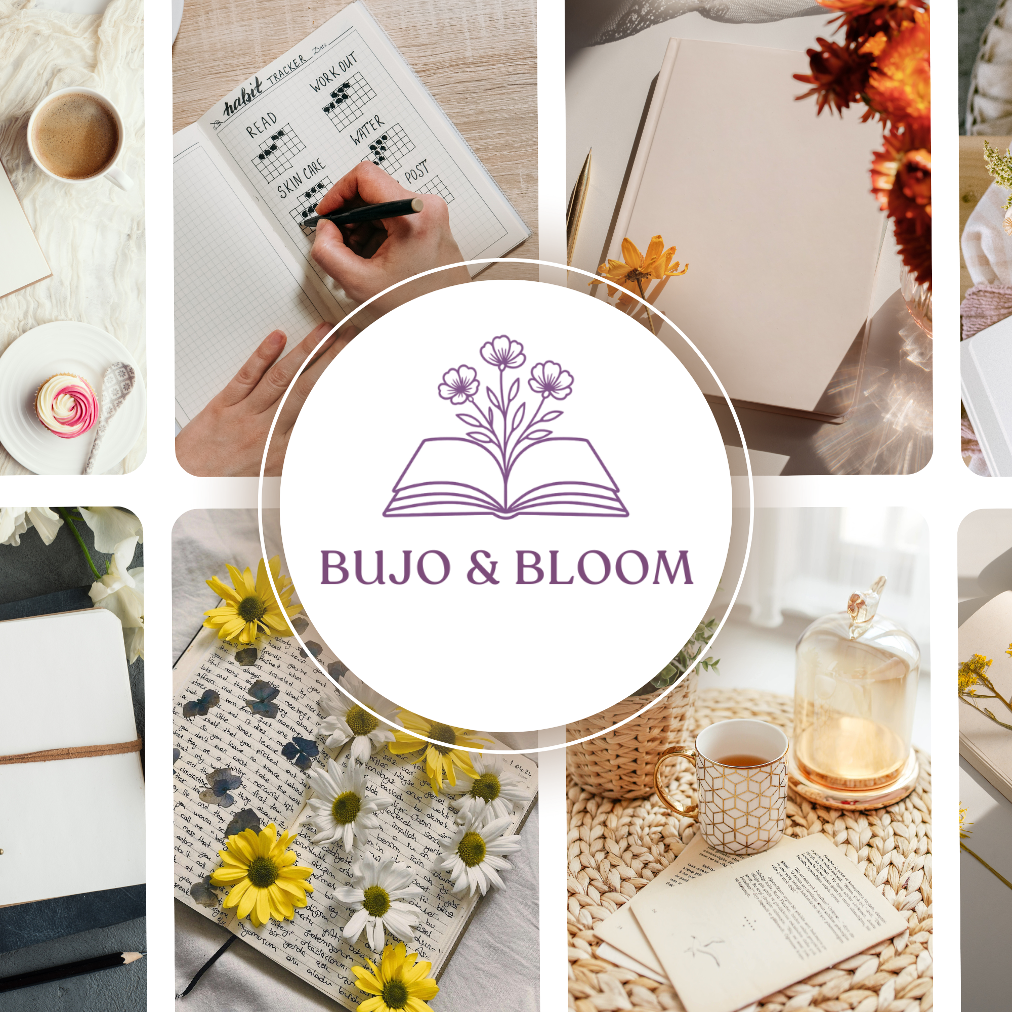 The Bujo and Bloom logo on top of pictures of journals with flowers.